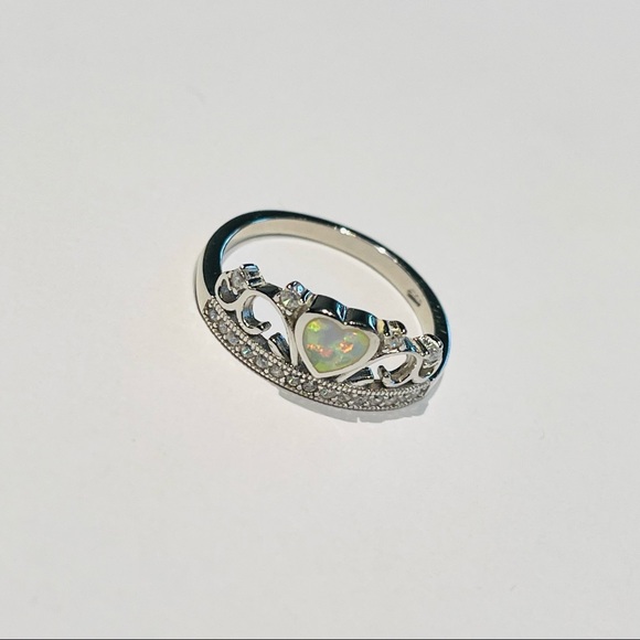 Sterling Silver White Lab Opal Heart with CZ Crown Ring, Silver Hearts Jewelry - Picture 7 of 12